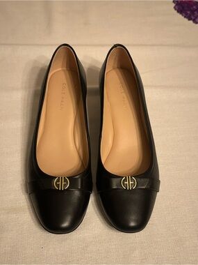 Cole Haan Black Leather Rounded-Toe Ballet Flats with Gold Logo